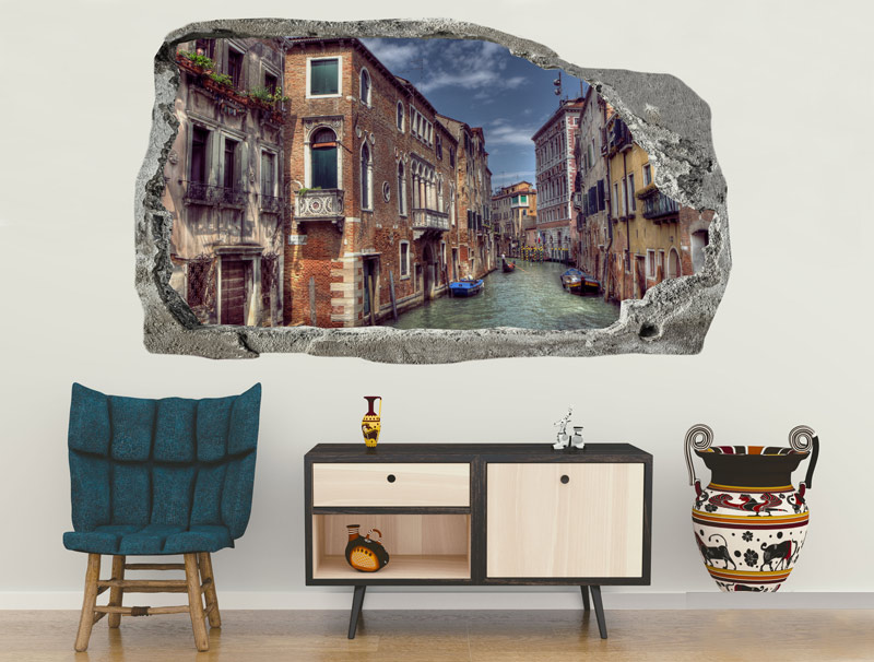 מדבקת קיר | חור תלת מיימדי עם נוף של ונציה