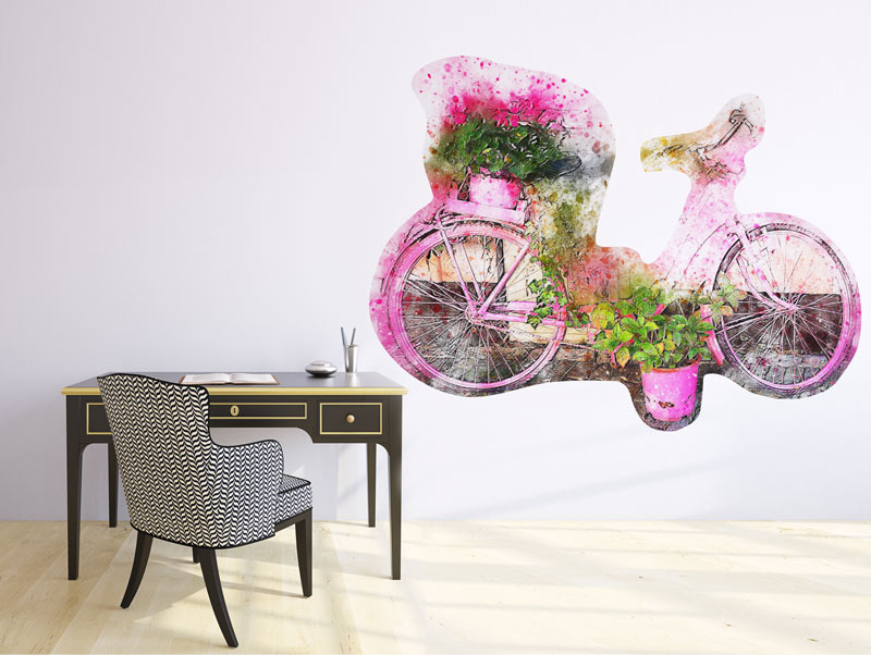 מדבקת קיר | אופניים ורודים עם פרחים