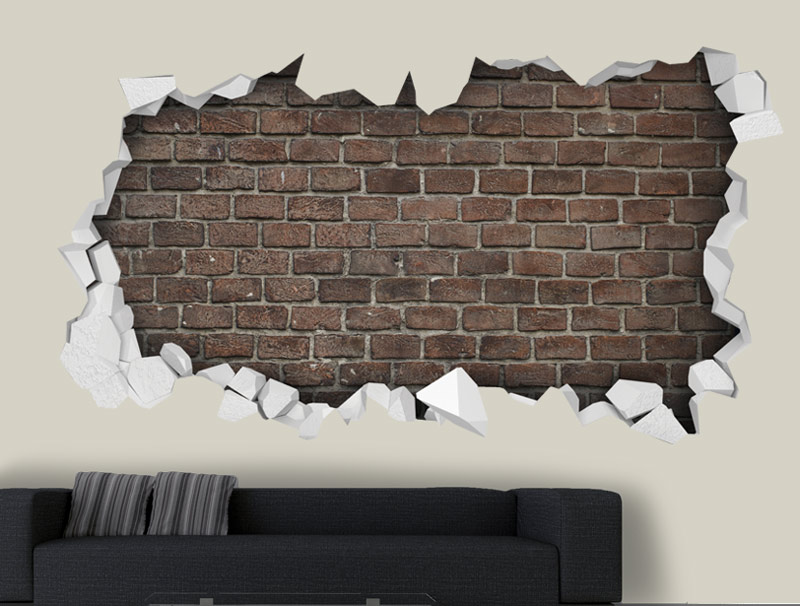מדבקת קיר | חור תלת מימדי עם קיר בריקים