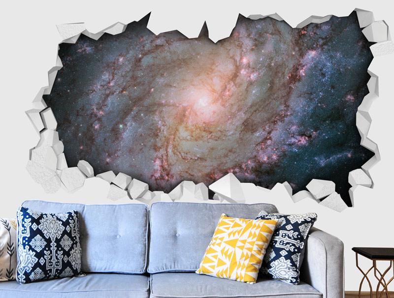 מדבקת קיר | חור תלת מימדי עם גלקסיה ורודה יפייפיה