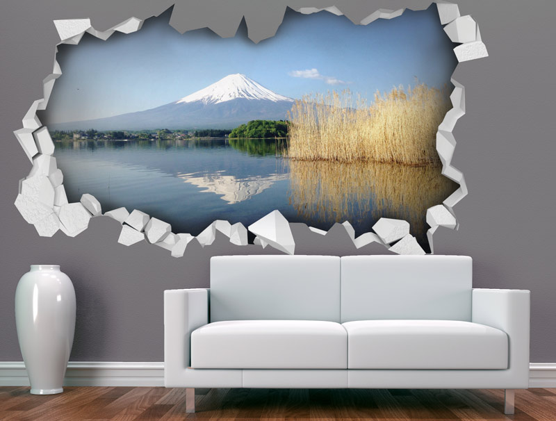 מדבקת קיר | חור תלת מימדי עם נוף של הר פוג'י