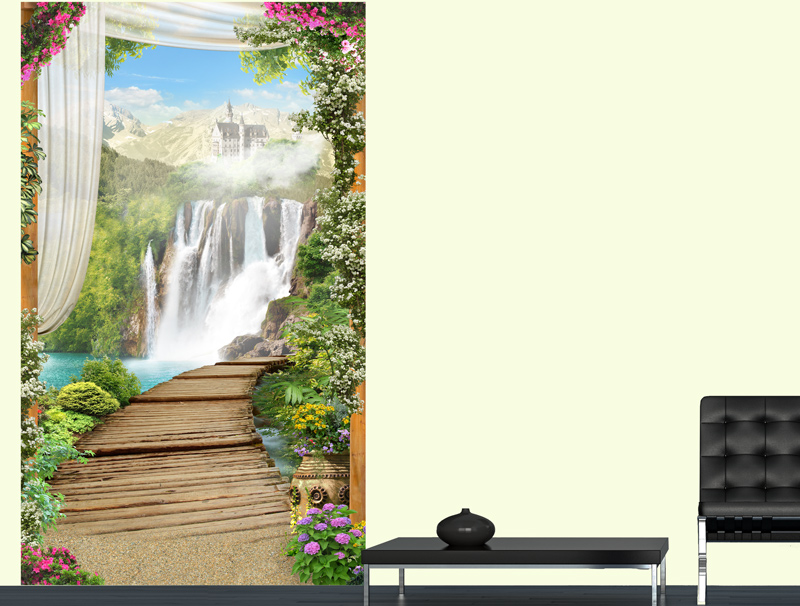 טפט | גשר עץ עם פרחים ונוף למפל