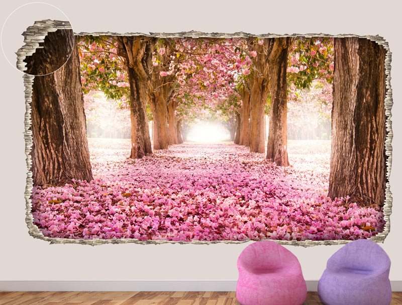 מדבקת קיר | חור תלת מימדי עם נוף יפיפה של שביל פרחים ורודים