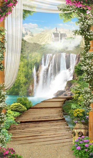טפט | גשר עץ עם פרחים ונוף למפל