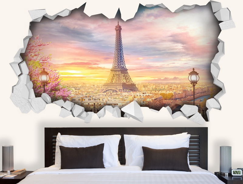 מדבקת קיר | חור תלת מימדי עם נוף של פריז