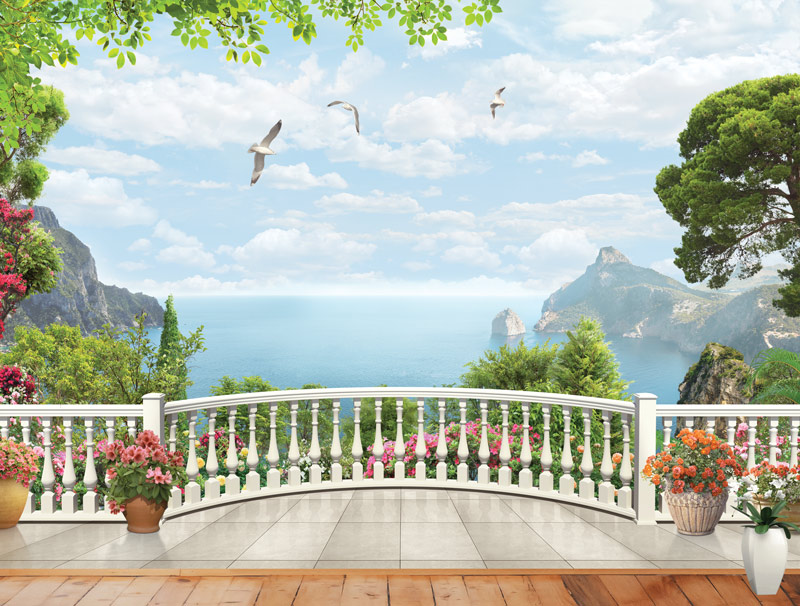 טפט | מרפסת יפיפה תלת מימדית עם נוף מרהיב לים