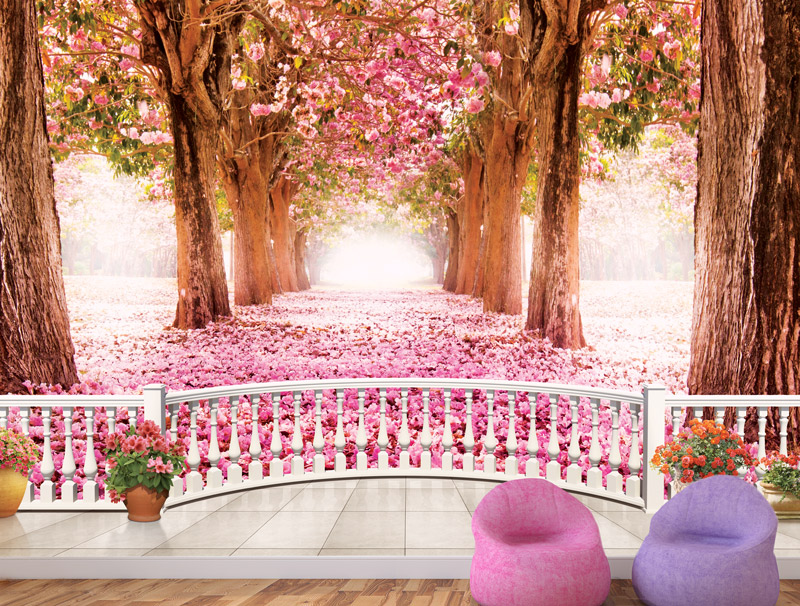 טפט | מרפסת תלת מימדית עם נוף יפיפה של שביל מכוסה בפרחים ורודים