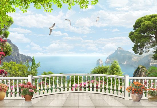 טפט | מרפסת יפיפה תלת מימדית עם נוף מרהיב לים