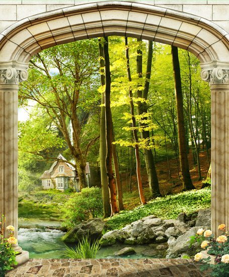 טפט | שער תלת מימדי עם נוף יפיפה של ביקתה קטנה ביער