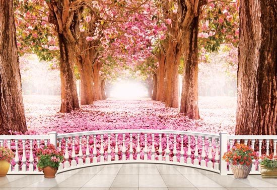 טפט | מרפסת תלת מימדית עם נוף יפיפה של שביל מכוסה בפרחים ורודים