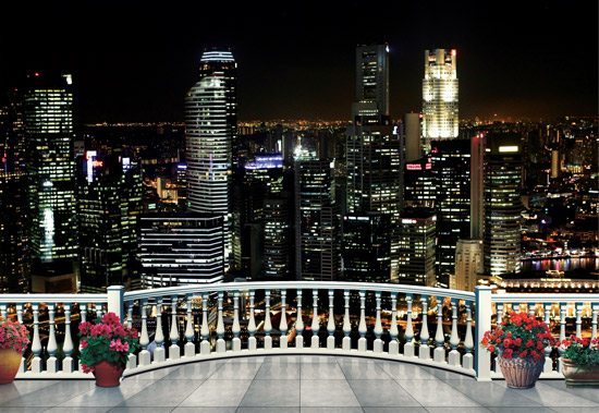 טפט | מרפסת תלת מימדית עם נוף של עיר בלילה