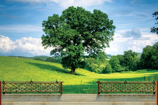 טפט של מרפסת עץ עם גבעות ירוקות