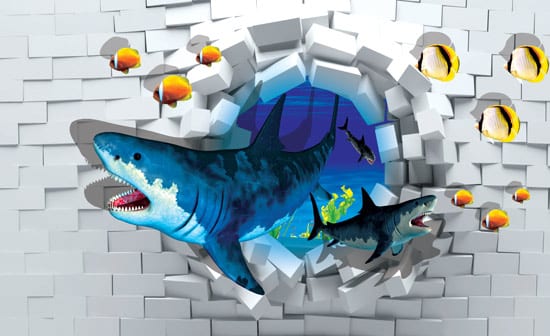 מדבקת טפט | כרישים יוצאים מהקיר