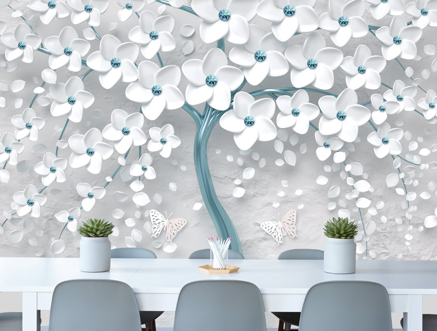 מדבקת טפט - עץ כחול פרחים לבנים