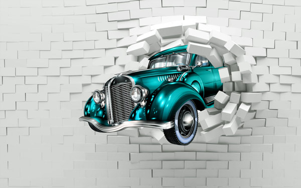 מדבקת טפט - מכונית בצבע טורקיז יוצאת מהקיר