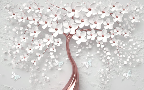 מדבקת טפט - עץ ברונזה ופרחים לבנים