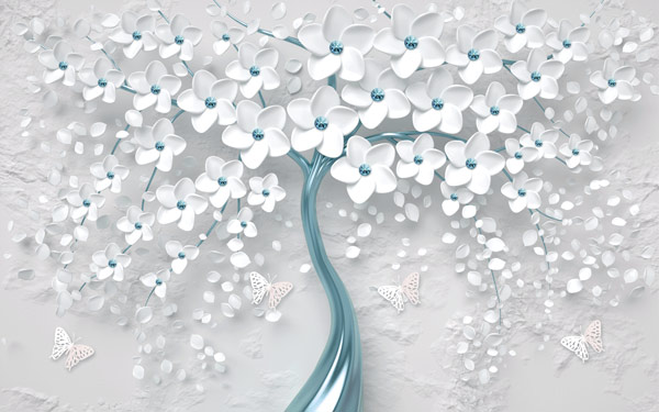מדבקת טפט - עץ כחול פרחים לבנים