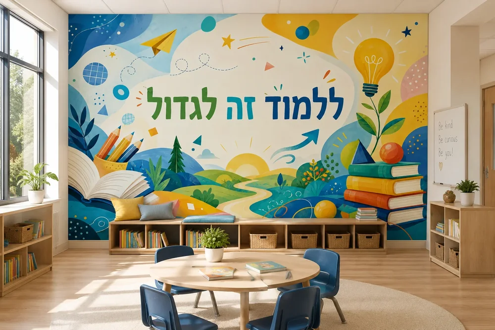 טפט נוף חינוכי עם ספרים על קיר בכיתה עם שולחנות וכיסאות תלמידים