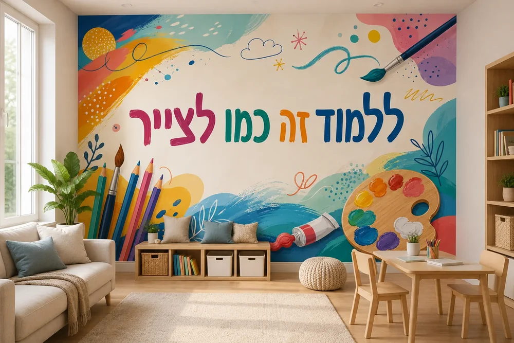 טפט יצירתי עם עפרונות צבעוניים וטקסט בעברית על קיר בכיתה מוארת עם שולחנות וכיסאות.