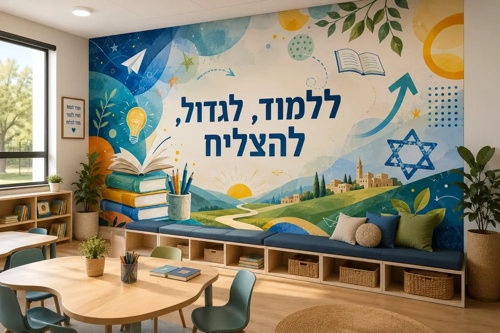 טפט עם קולאז' חינוכי על קיר בחדר לימוד עם שולחן עץ וכיסאות ירוקים