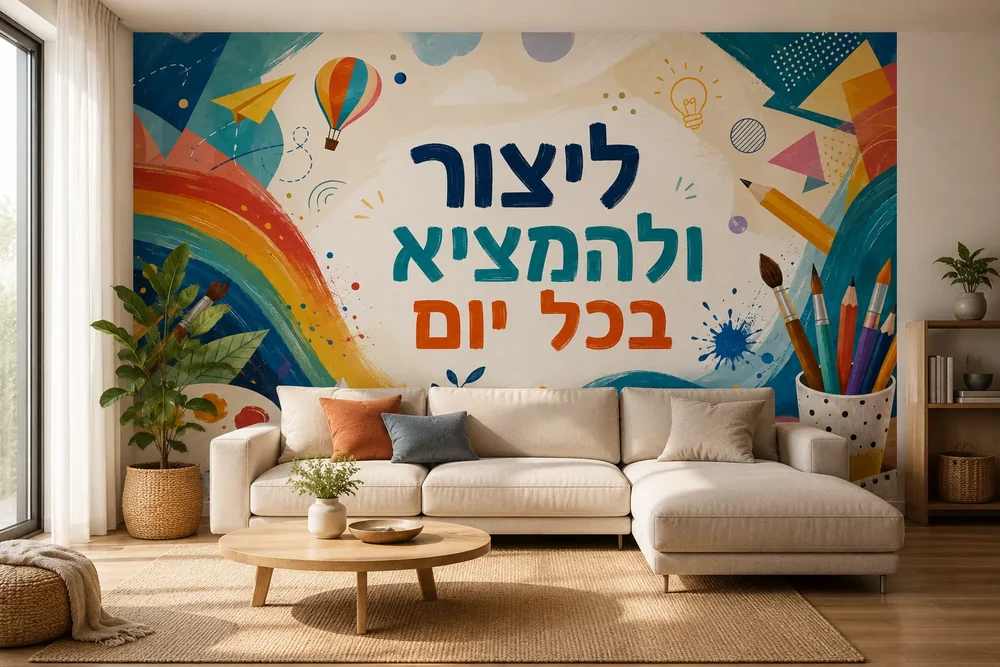 טפט עם ציוד אמנות וקשת צבעונית על קיר בכיתה עם שולחנות וכיסאות תלמידים