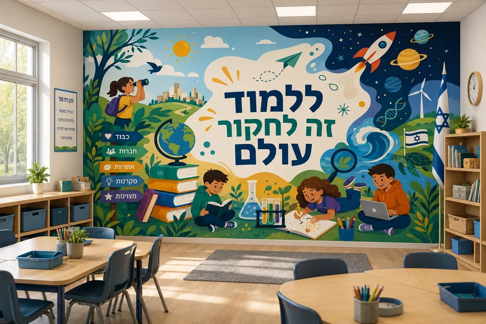 טפט ילדים לומדים וחוקרים על קיר בחדר ילדים עם שולחן כתיבה וכיסאות צבעוניים.