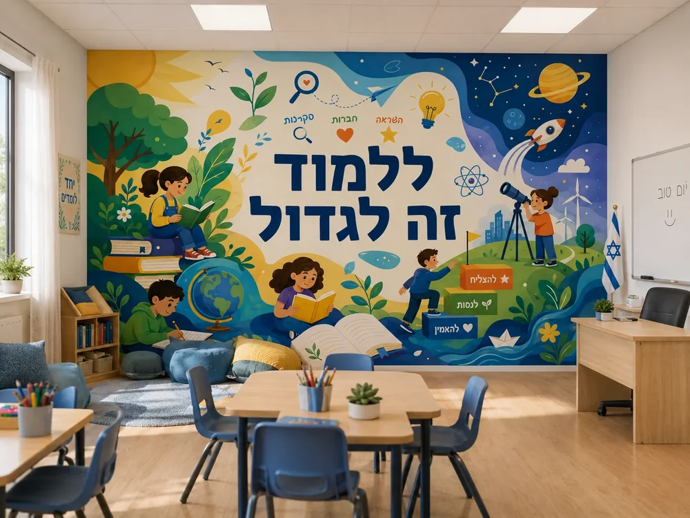 טפט ילדים לומדים על קיר בחדר כיתה עם שולחנות כתיבה וכיסאות צבעוניים.