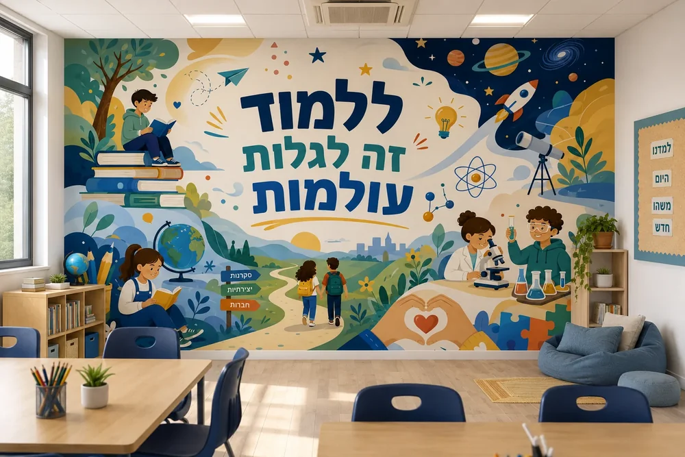 טפט ילדים לומדים וחוקרים על קיר בכיתה עם שולחנות וכיסאות צבעוניים, תאורה טבעית וחלונות גדולים.