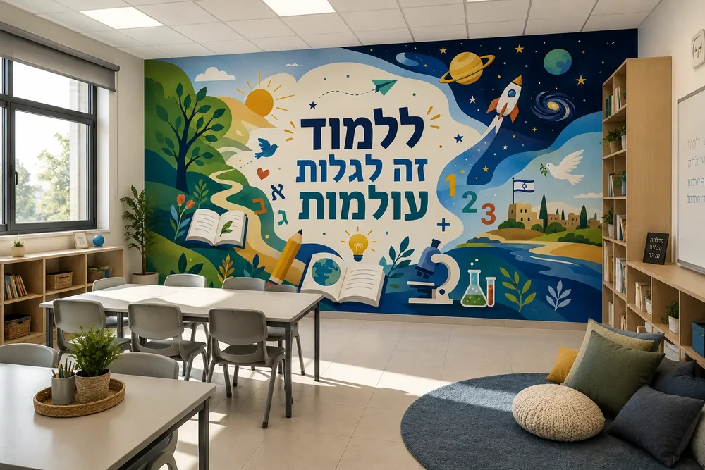 טפט עם נוף חינוכי, על קיר בכיתה עם שולחנות וכסאות תלמידים.