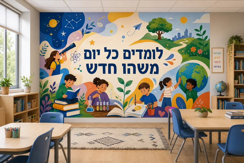 טפט עם ילדים לומדים על קיר בחדר ילדים עם מיטה כחולה ושולחן כתיבה.