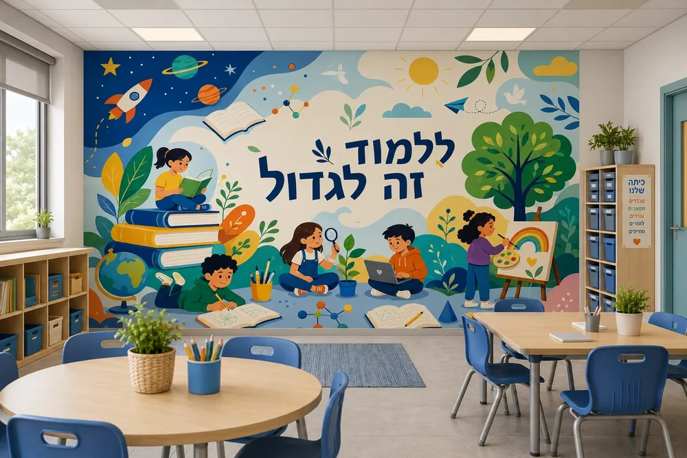טפט עם ילדים לומדים על קיר בחדר ילדים עם שולחן לימוד וספרים