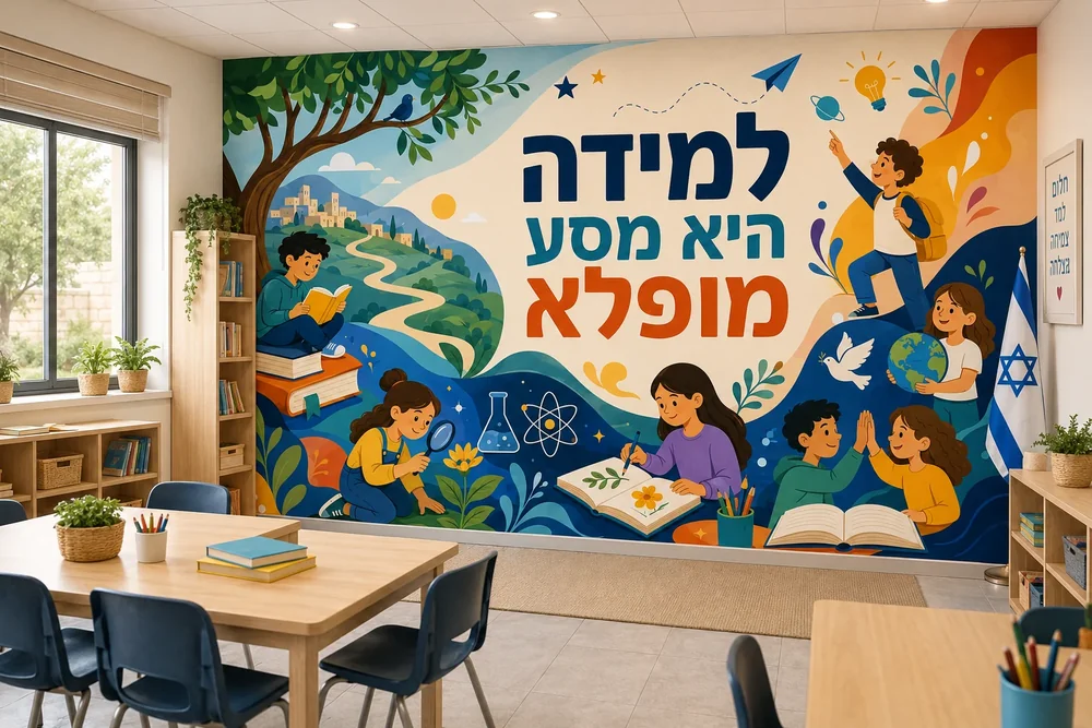 טפט ילדים לומדים פורס על קיר בכיתה עם שולחנות וכיסאות לילדים, צבוע בצבעים כחול, ירוק וכתום.