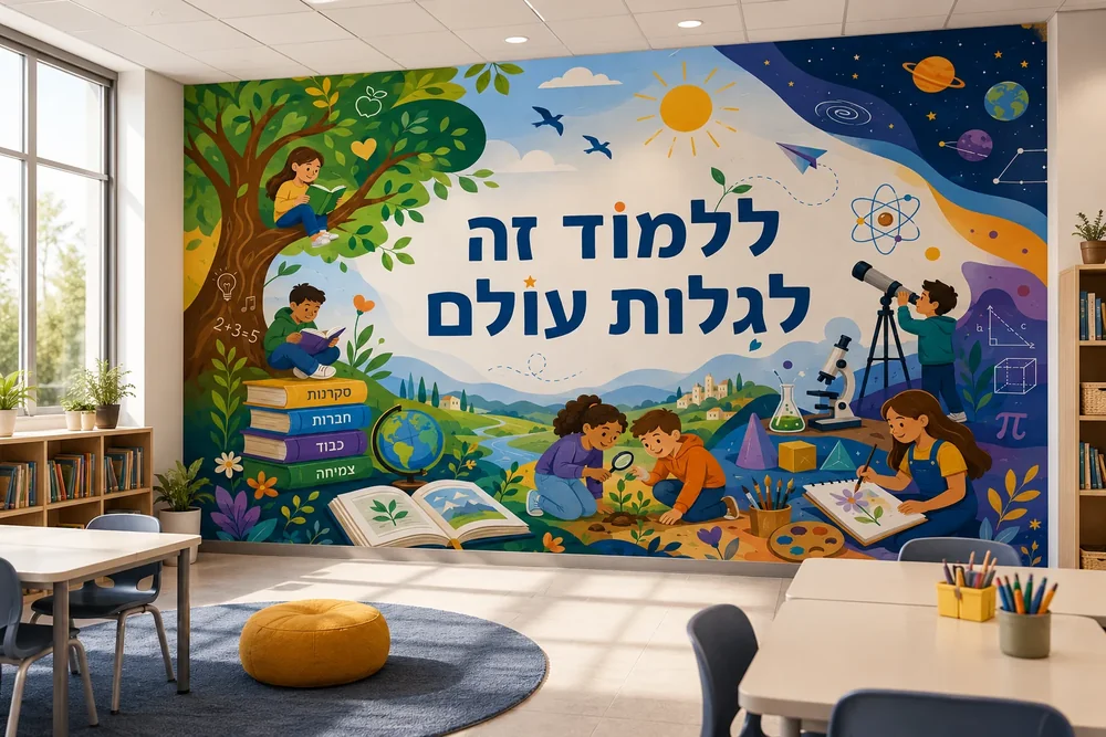 טפט של ילדים לומדים על קיר בחדר משחקים עם שולחן לימוד וכיסאות צבעוניים.