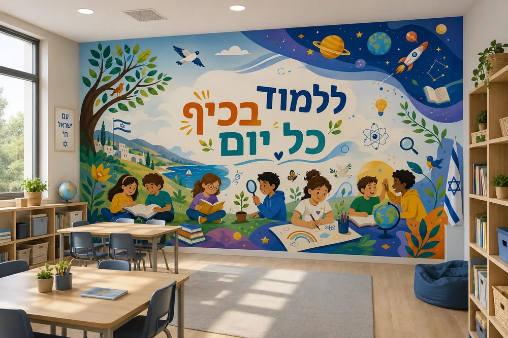 טפט ילדים לומדים בטבע על קיר בכיתה עם שולחנות וכיסאות צבעוניים סביב