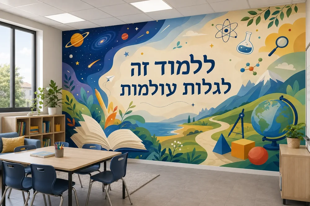 טפט איורי של ספר פתוח עם כוכבי לכת וסמלים מדעיים על קיר בכיתה, שולחנות עץ וכיסאות צבעוניים מסביב.