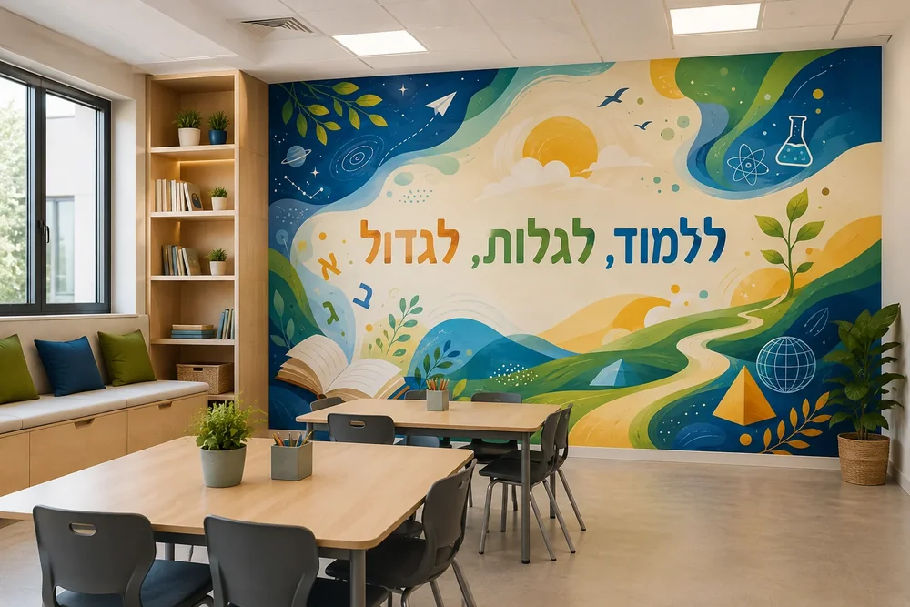 טפט עם דוגמת ספר פתוח על קיר בכיתה, שולחנות תלמידים ותאורה טבעית