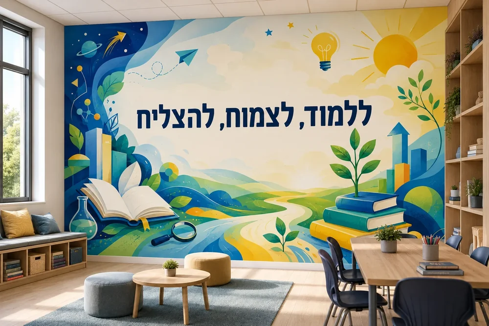 טפט ספר פתוח ונוף טבעי על קיר בחדר לימוד עם שולחן לימודים וכיסאות עץ.