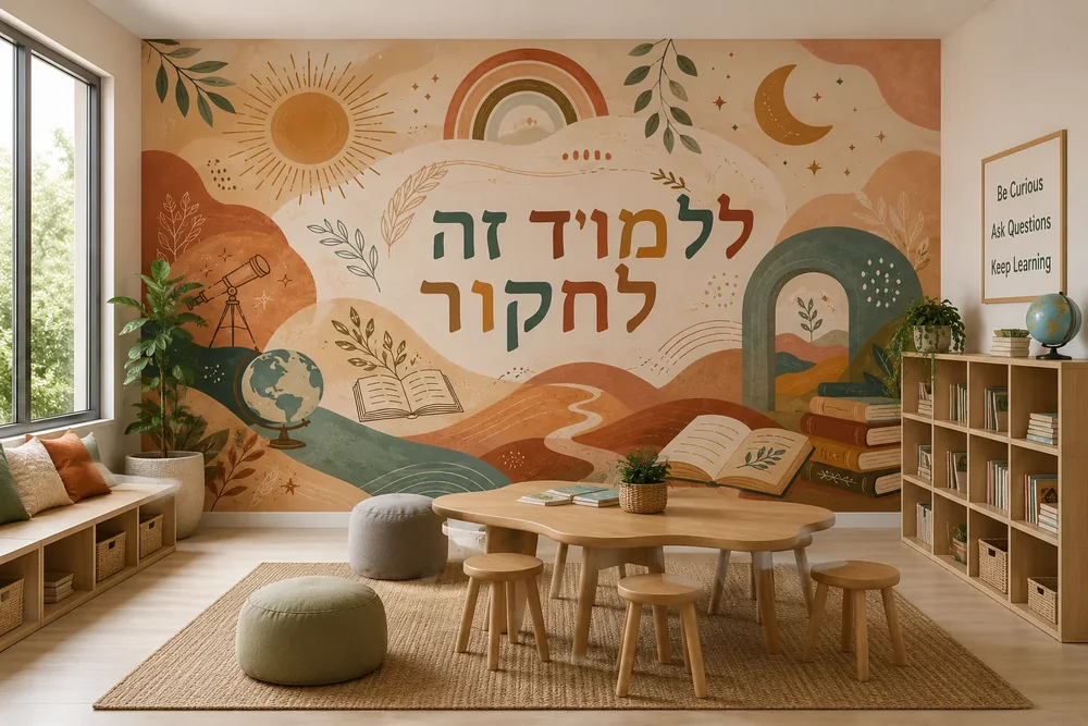 טפט חינוכי עם שמש, ירח, טלסקופ וגלובוס על קיר בחדר לימוד עם שולחן עץ וכיסאות צבעוניים.