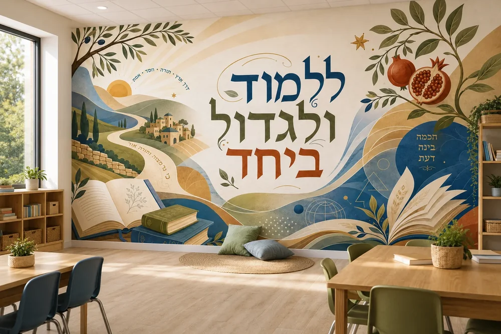טפט נוף מאויר עם ספרים וטקסט עברי על קיר בכיתה עם שולחנות וכיסאות עץ.
