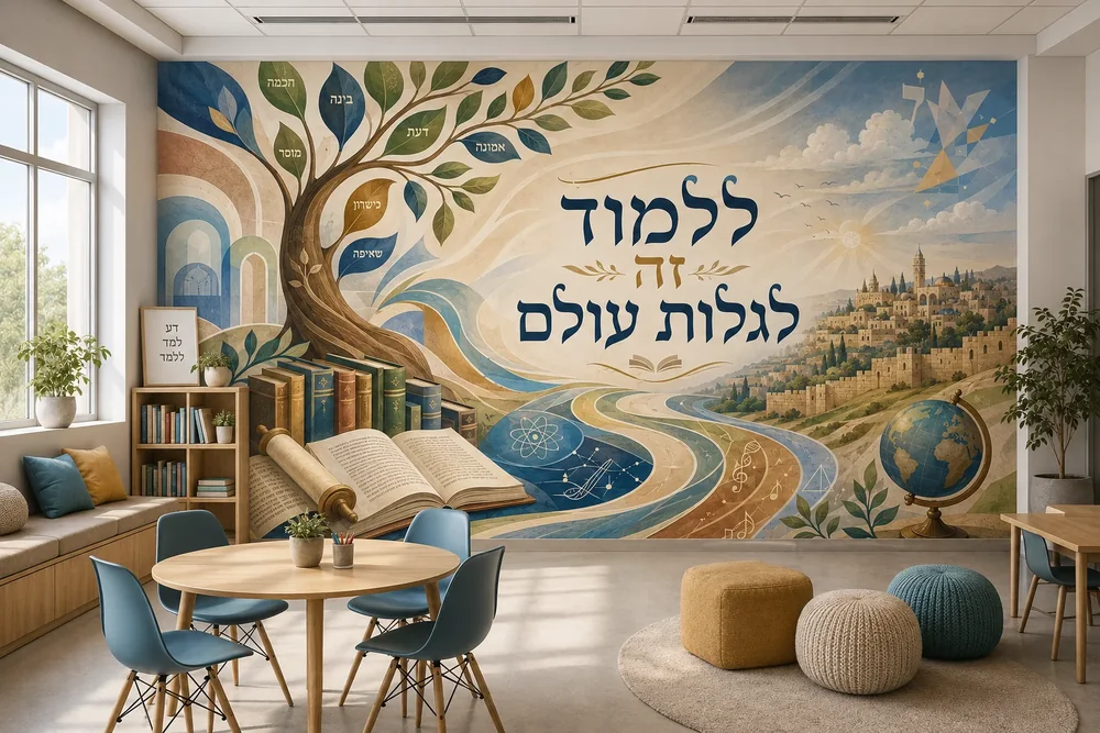 טפט עץ עם ספרים וגלובוס על קיר בכיתה עם שולחנות תלמידים וכיסאות