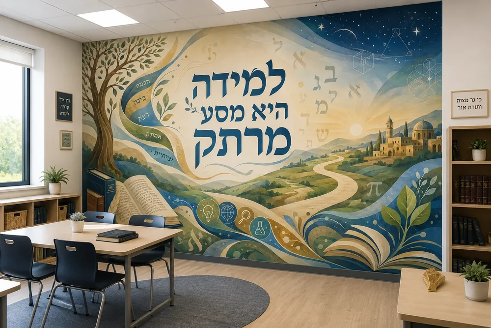 טפט עץ עם עלים ירוקים וספר פתוח על קיר בחדר לימוד עם שולחן עץ וכיסאות לבנים
