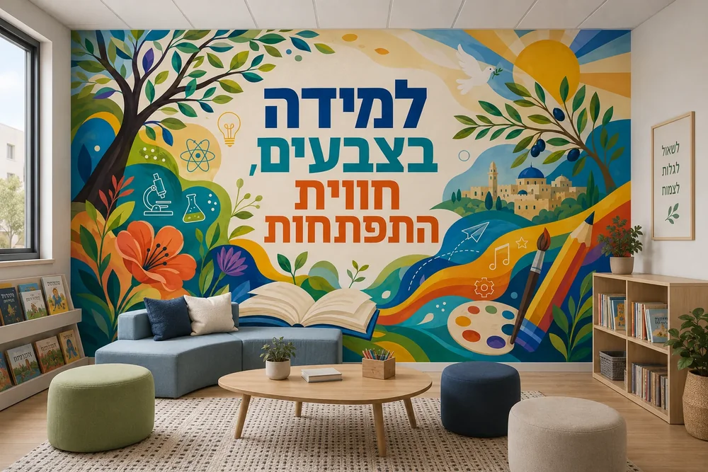 טפט חינוכי צבעוני על קיר בכיתה עם שולחנות וכיסאות עץ, תאורה רכה וגוונים חיים.