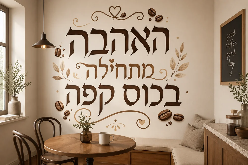 טפט עם ציטוט עברי על קיר במטבח מואר, עם כיסאות עץ ושולחן אוכל עגול