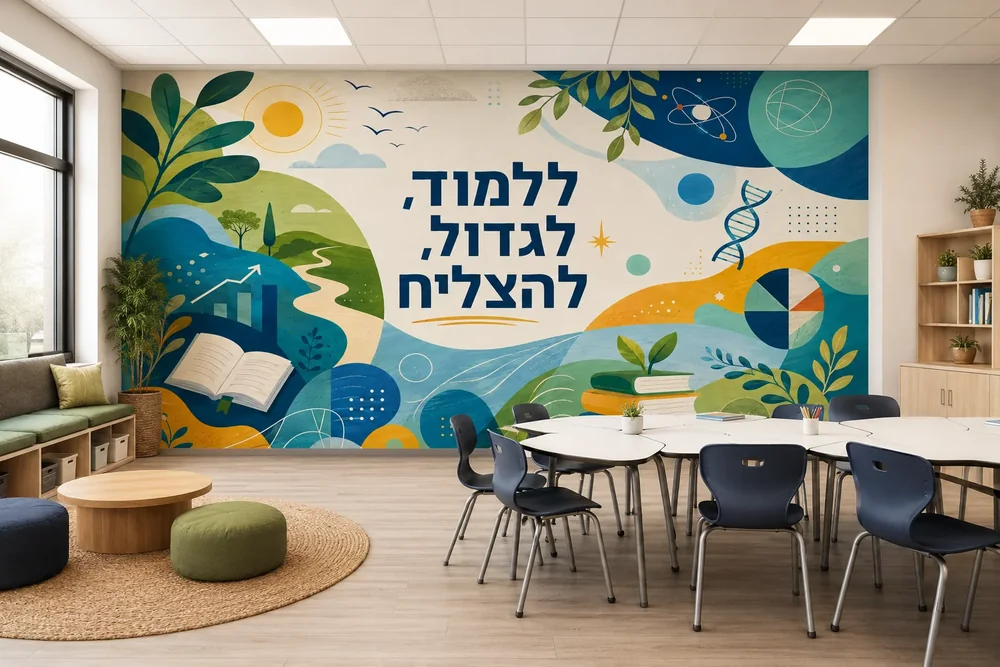 טפט חינוכי עם טבע ועקרונות מדע על קיר בכיתה עם שולחנות וכיסאות עץ