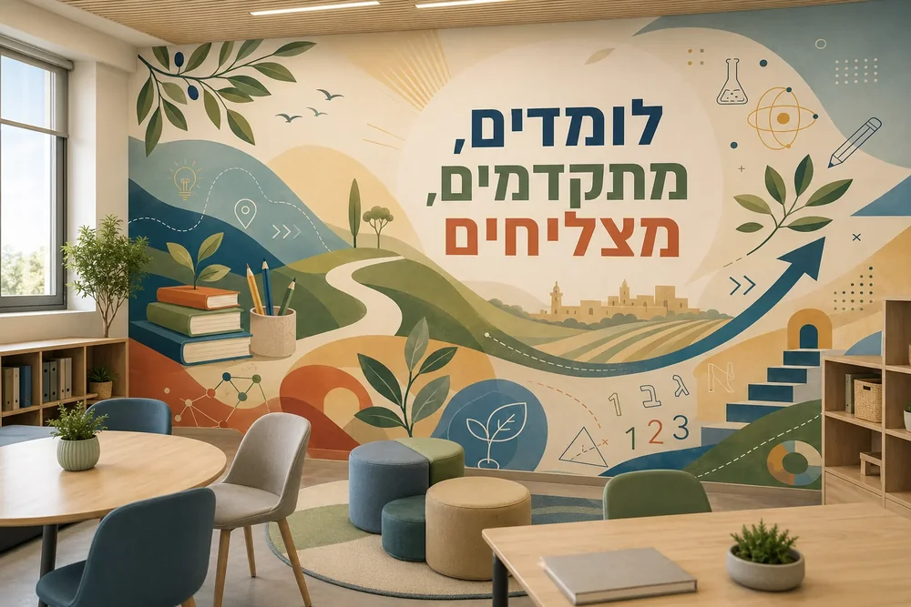 טפט עם נוף חינוכי מעוצב על קיר בחדר כיתה, עם שולחנות וכיסאות בצבעים נעימים