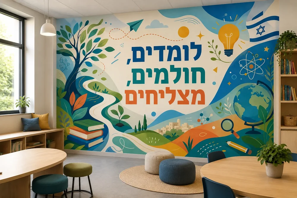 טפט חינוכי עם עץ, ספרים וגלובוס על קיר בכיתה עם שולחן וכיסאות עץ