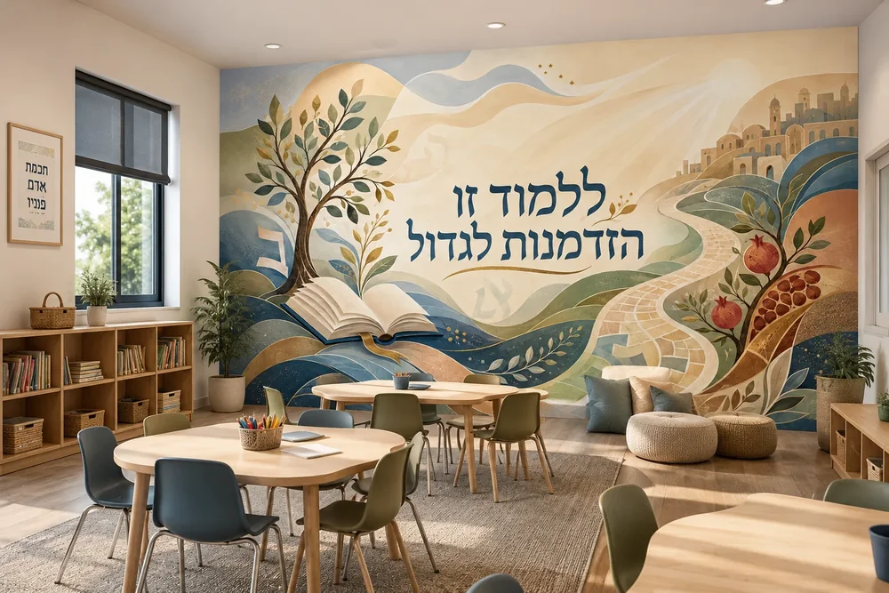 טפט ספר פתוח עם נוף כפרי על קיר בכיתה עם שולחנות וכיסאות עץ, תאורה טבעית מהחלון.