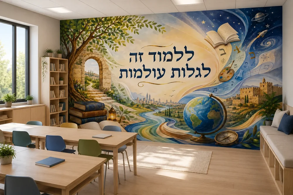 טפט עם ספר פתוח, גלובוס ומצפן על קיר בכיתה עם שולחנות עץ וכיסאות צבעוניים ברקע של נוף טבעי.