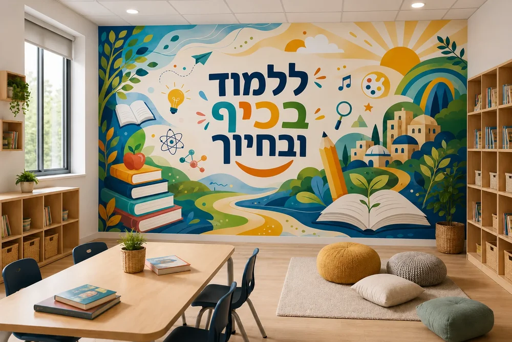 טפט עם ספרים וצמח על קיר בכיתה, מוקף בעצים וגבעות צבעוניים