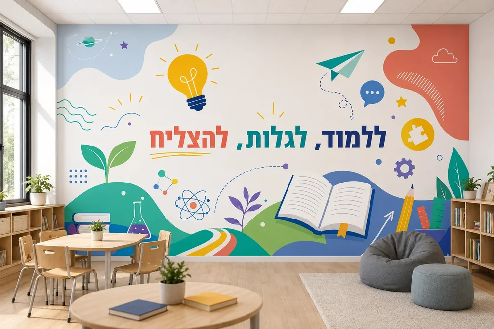 עיצוב טפט עם ספר פתוח, נורת אור, מטוס נייר וסמלים חינוכיים בצבעים כחול, ירוק, צהוב ואדום.